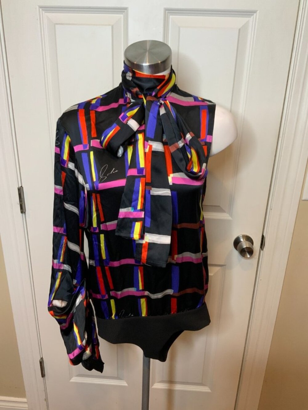 Solace London Black Checkered Silk Bow Neck Letta Cold Shoulder Bodysuit, Size 2
